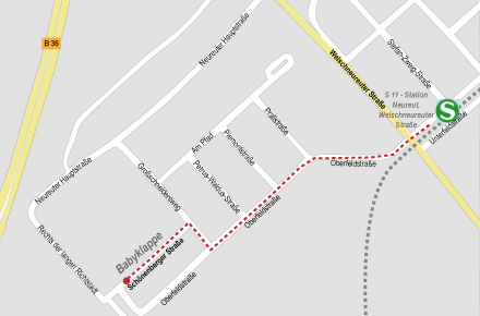 Wegbeschreibung zur Babyklappe in der Schönenberger Straße 3, Karlsruhe Neureut